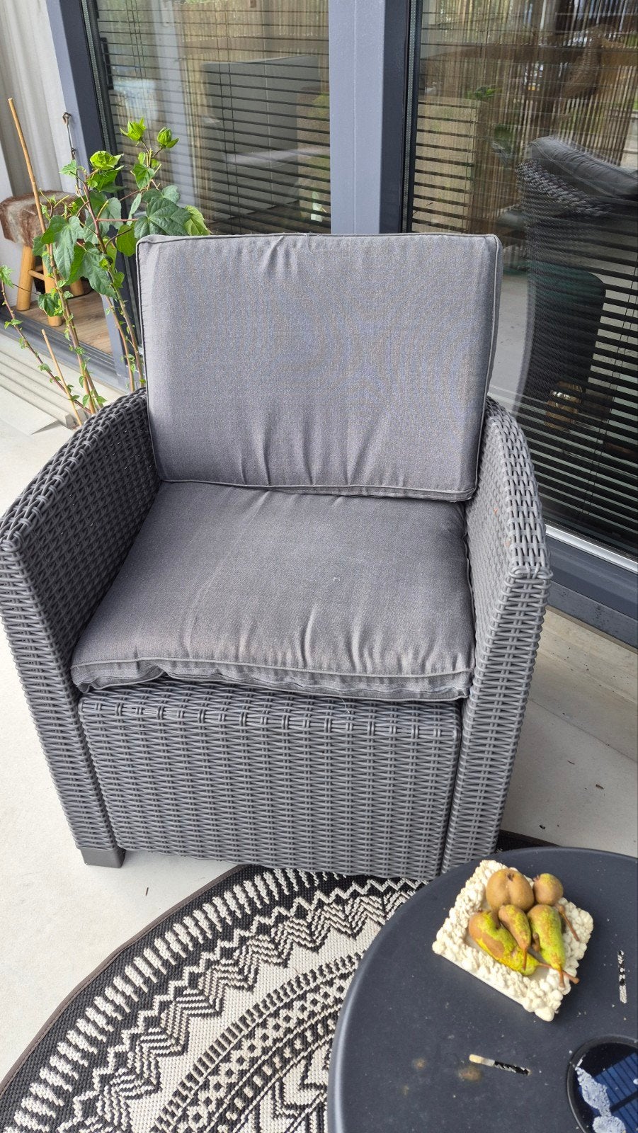 Twee Keter/Allibert tuinstoelen met kussens, Tuin en Terras, Tuinstoelen, Ophalen, Gebruikt, Kunststof