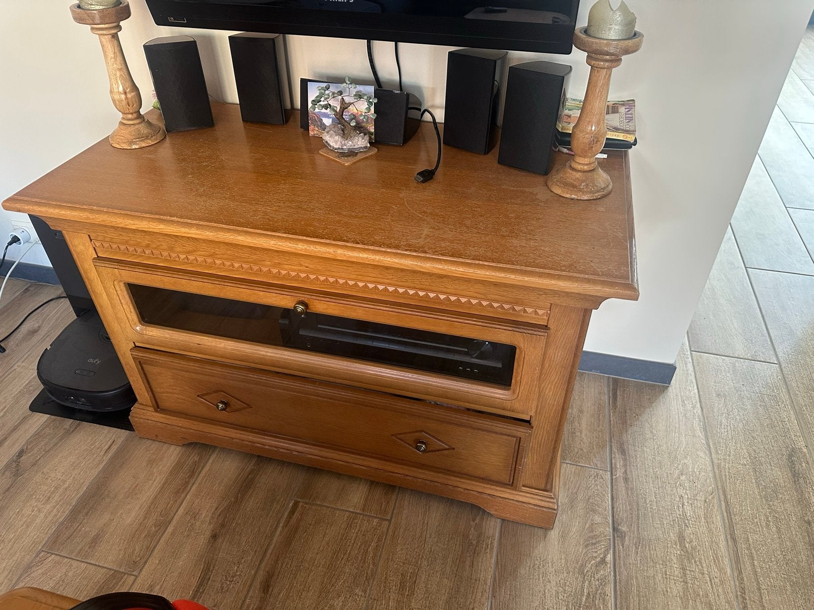 Gepatineerd blank eiken tv meubelen, Ophalen, Gebruikt, Eikenhout, 50 tot 100 cm