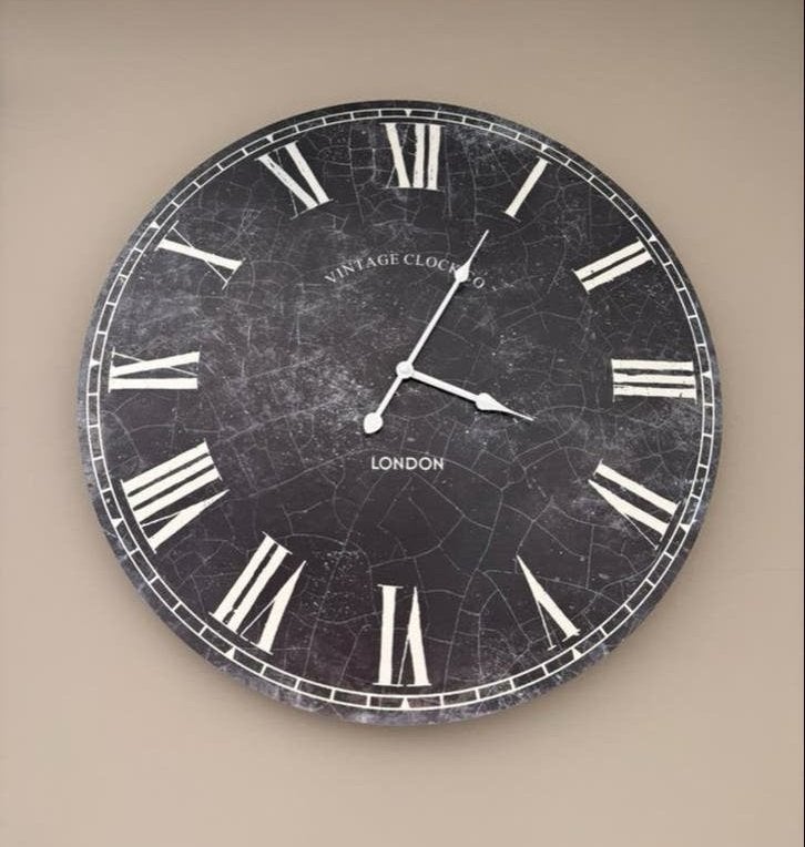 Grote Vintage Wandklok London - Zwart met Romeinse Cijfers, Ophalen, Wandklok, Vintage, Analoog