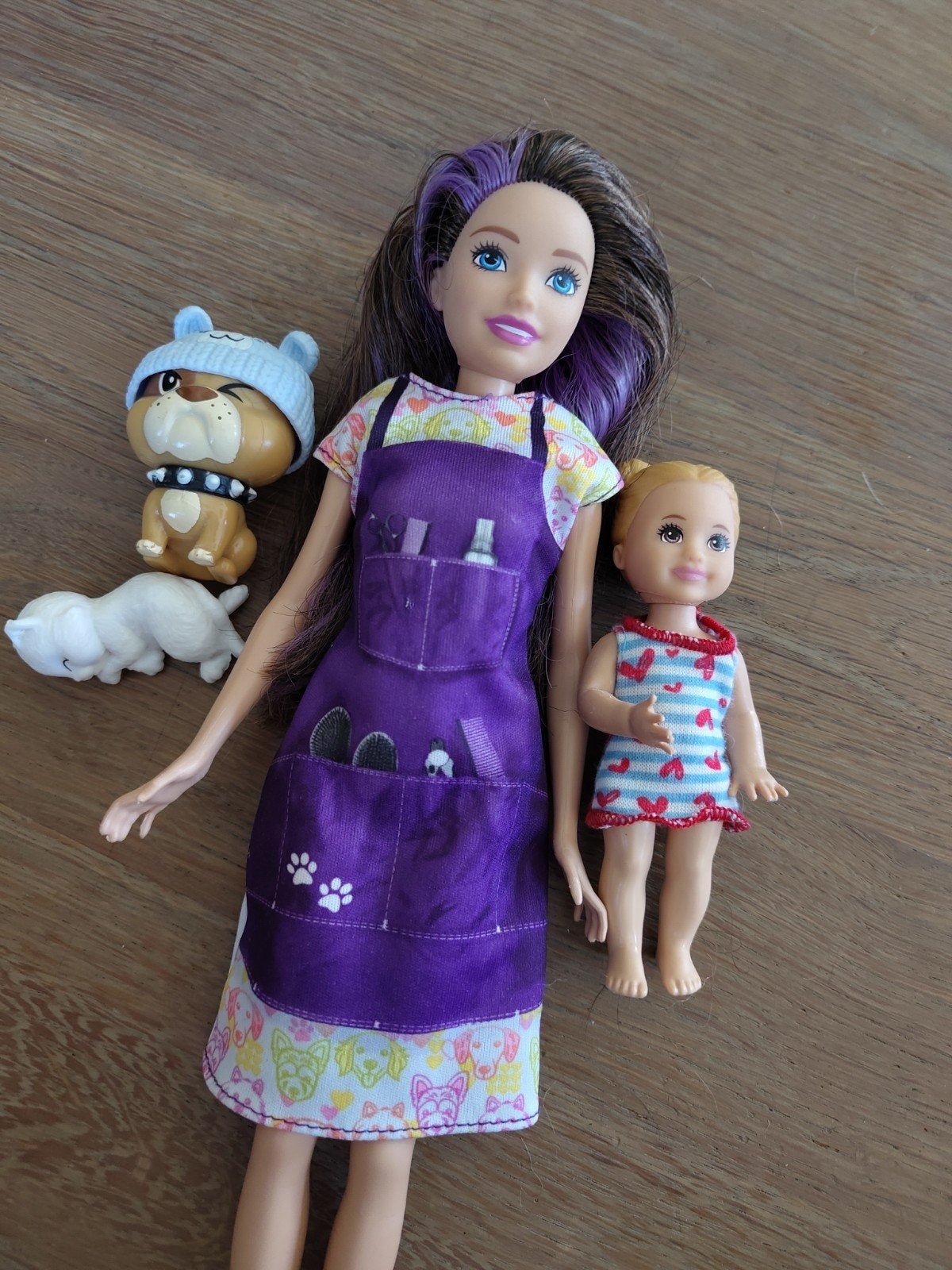 Barbie Skipper met kappersjurk, klein popje, hond en poes, Ophalen of Verzenden, Gebruikt, Barbie