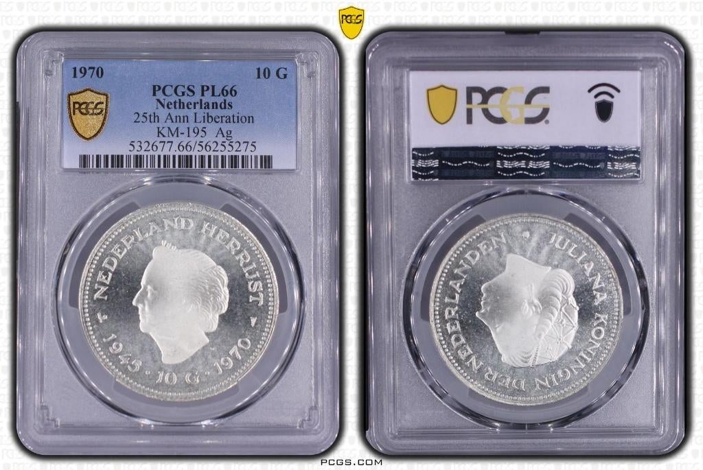 Nederland - 10 Gulden 1970 "25 jaar bevrijding" PCGS PL66, Postzegels en Munten, Munten | Nederland, Koningin Juliana, Zilver