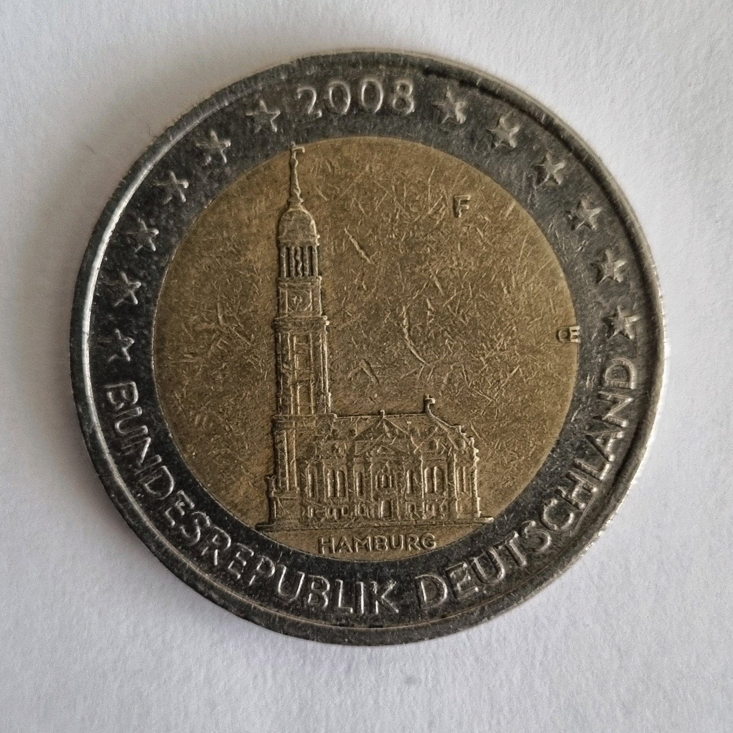 2 Euro munt Duitsland 2008 Hamburg,  letter F, Verzenden, Duitsland, 2 euro, Losse munt
