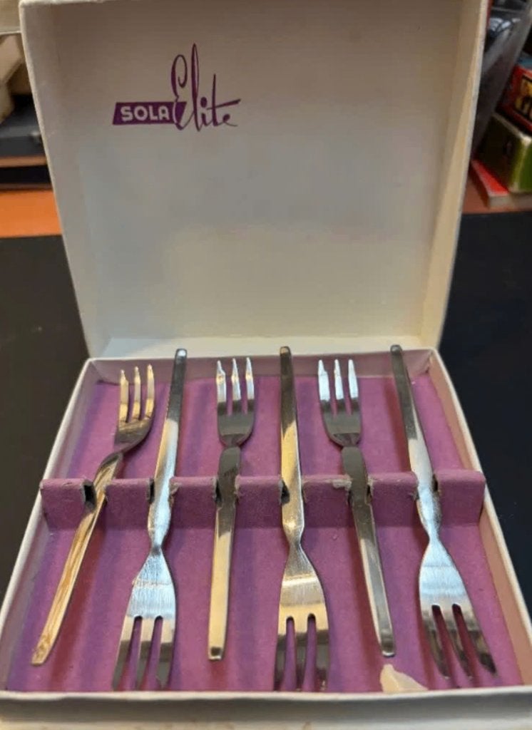 Zes vintage verzilverde gebaksvorkjes Sola Elite, Antiek en Kunst, Ophalen of Verzenden