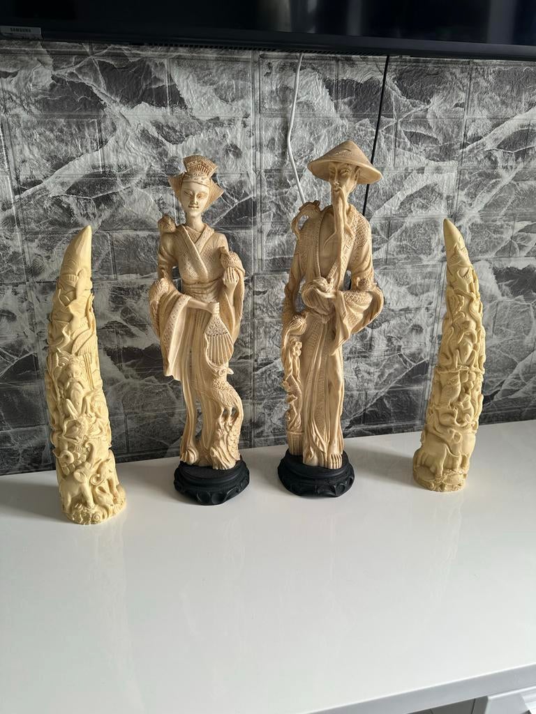 4 Beeldjes in Ivoren Stijl - Aziatische Figuren en Slagtande, Ophalen of Verzenden, Zo goed als nieuw, Overige typen