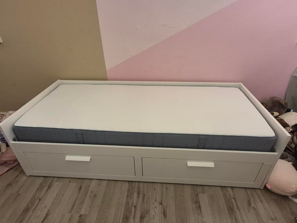 Brimnes bedbank uitschuifbaar met 2 lades + matras, Ophalen, Verstelbaar, Eenpersoons, Wit