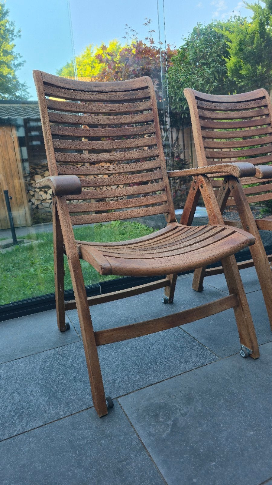 Vier Populair Teak tuinstoelen, inklapbaar en verstelbaar, Ophalen, Gebruikt, Teakhout, Inklapbaar