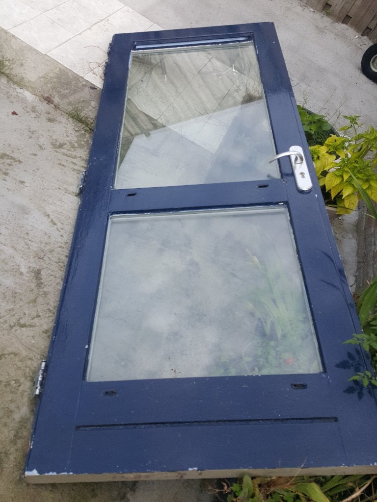 DEUR  MET HARDHOUT MET ZWARE GLAZEN, Doe-het-zelf en Verbouw, Ophalen, Gebruikt, 80 tot 100 cm, 215 cm of meer