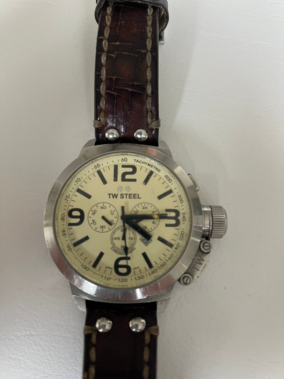 TW Steel  horloge met bruine leren band, Ophalen of Verzenden, Zo goed als nieuw, Leer, Overige merken