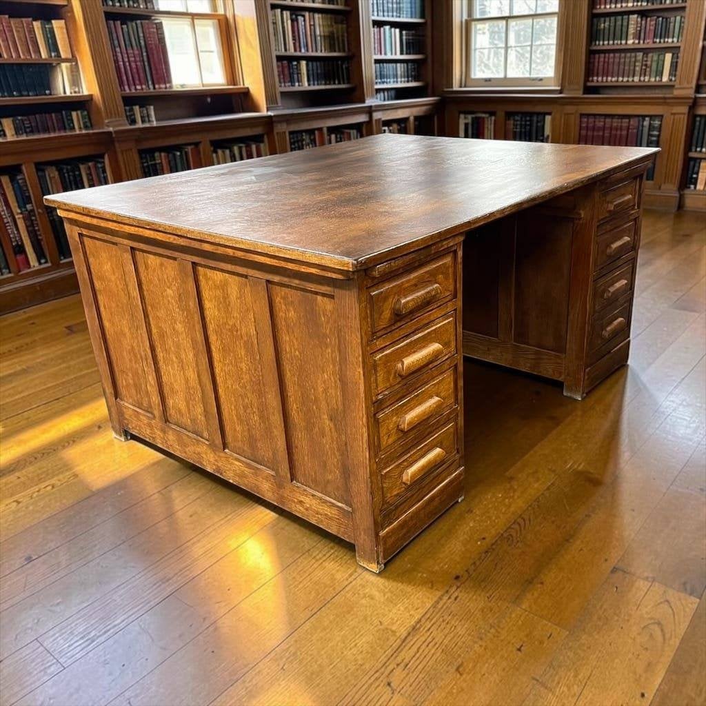 Vintage XL diepe houten bureau / dubbelzijdige desk, Ophalen