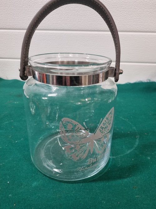 Deco glas pot met vlinder en leren hengsel, Ophalen of Verzenden, 'T Olde Gre-j, Info@toldegrej.nl, Endepoelstraat 20f Didam