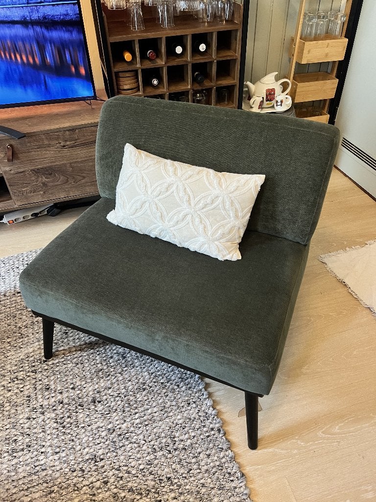 Groene fauteuil / loungestoel – moderne stoel, Ophalen, Gebruikt, Minder dan 75 cm, 75 tot 100 cm