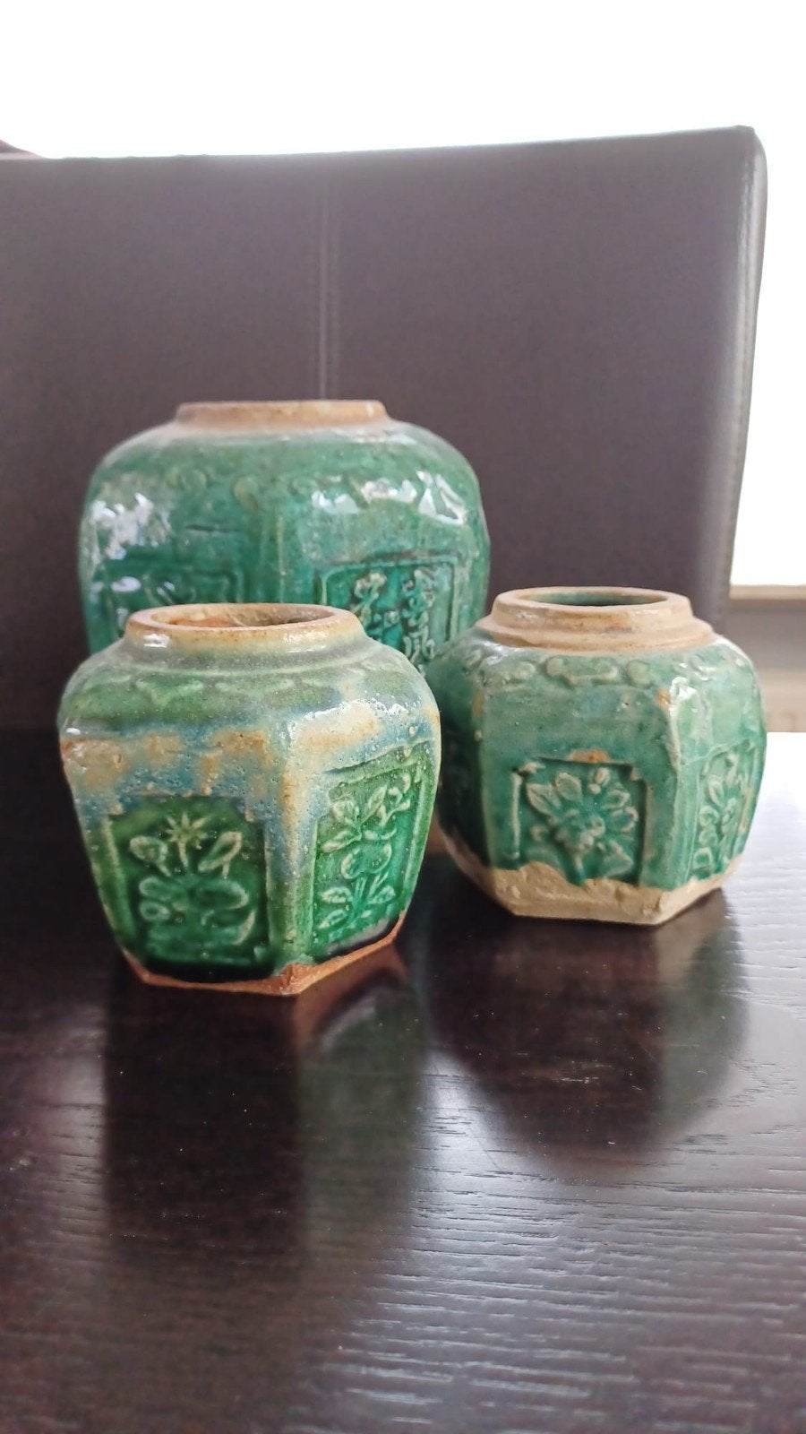 Set van 3 antieke Chinese gemberpotten, groen geglazuurd, Ophalen of Verzenden