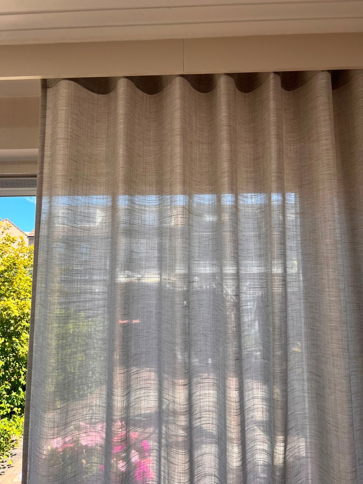 Wave Lichtdoorlatende gordijnen, grijs/goud, Huis en Inrichting, Ophalen, Gebruikt, 259 cm, 431 cm