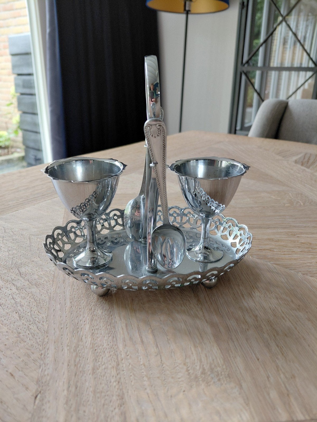 Vintage verzilverde eierdopjes set met dienblad en lepels, Ophalen of Verzenden