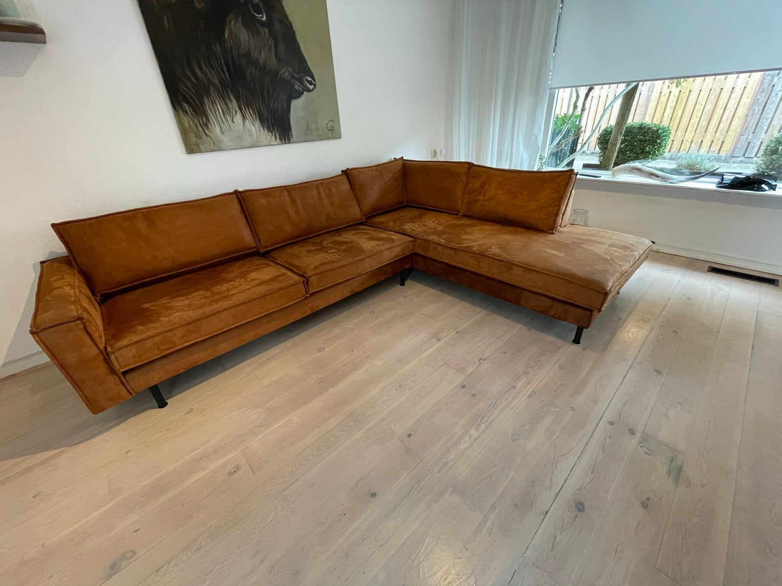 Hoekbank met longseat rechts - Microleer - Goede staat, Ophalen, 250 tot 300 cm, 100 tot 125 cm, Hoekbank