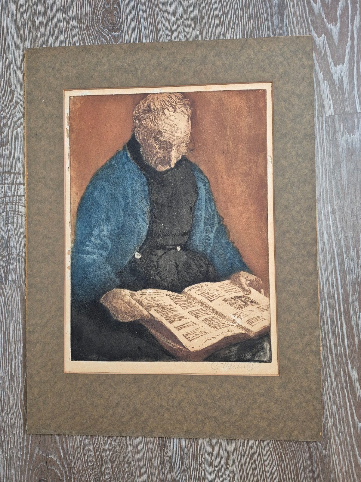 Oude man leest boek - Ets van G.Hering, Ophalen, Dagelijks leven, Ets, Gesigneerd
