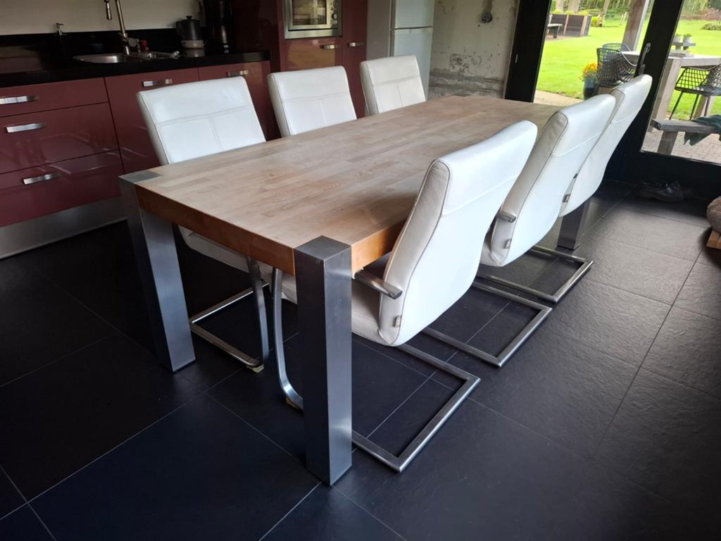 Eettafel met 6 leren stoelen, Gebruikt, 200 cm of meer, 50 tot 100 cm, Vijf personen of meer