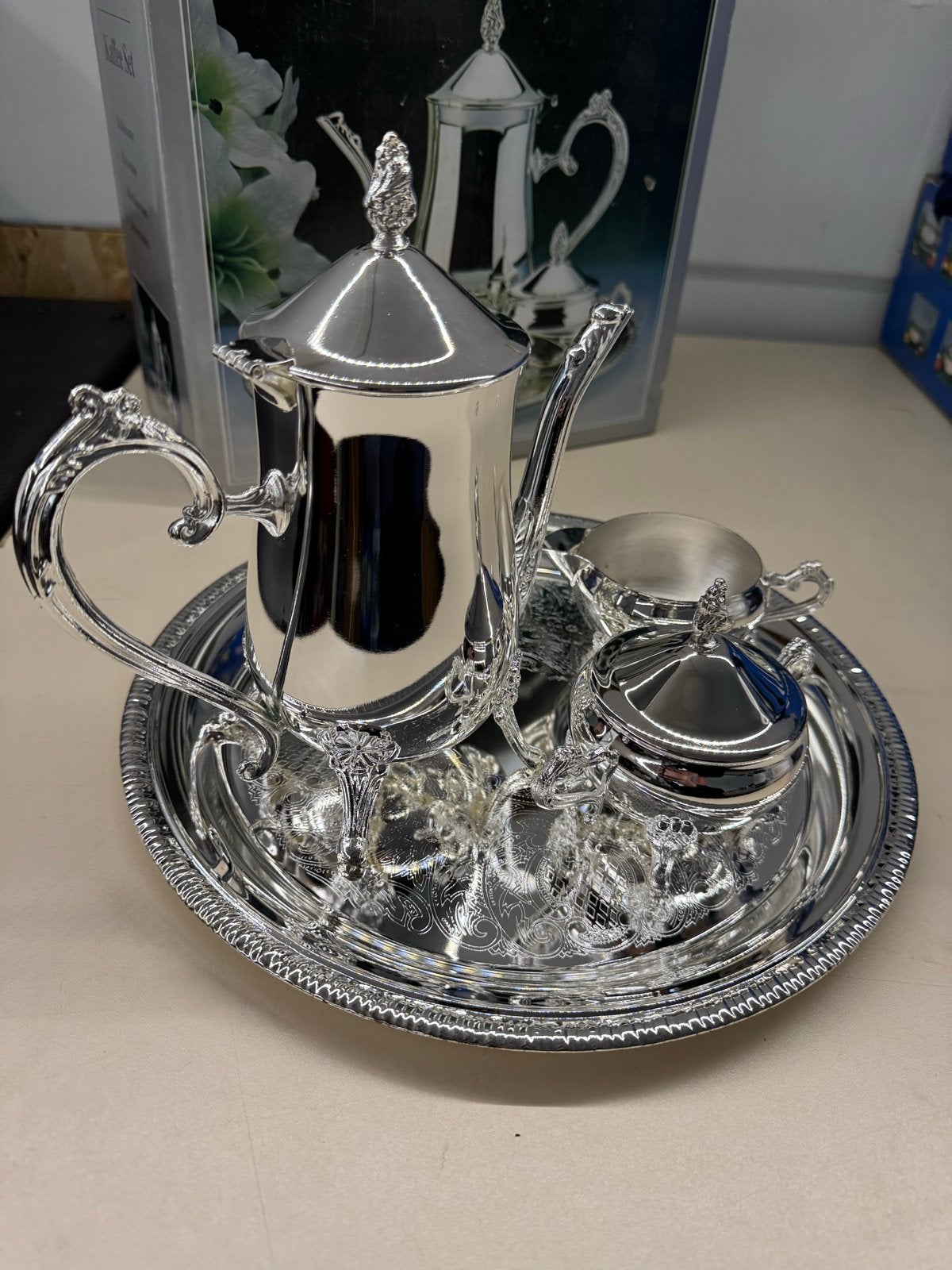 Zilveren Koffieset met Dienblad - Nieuw in Doos, Antiek en Kunst, Ophalen, Zilver