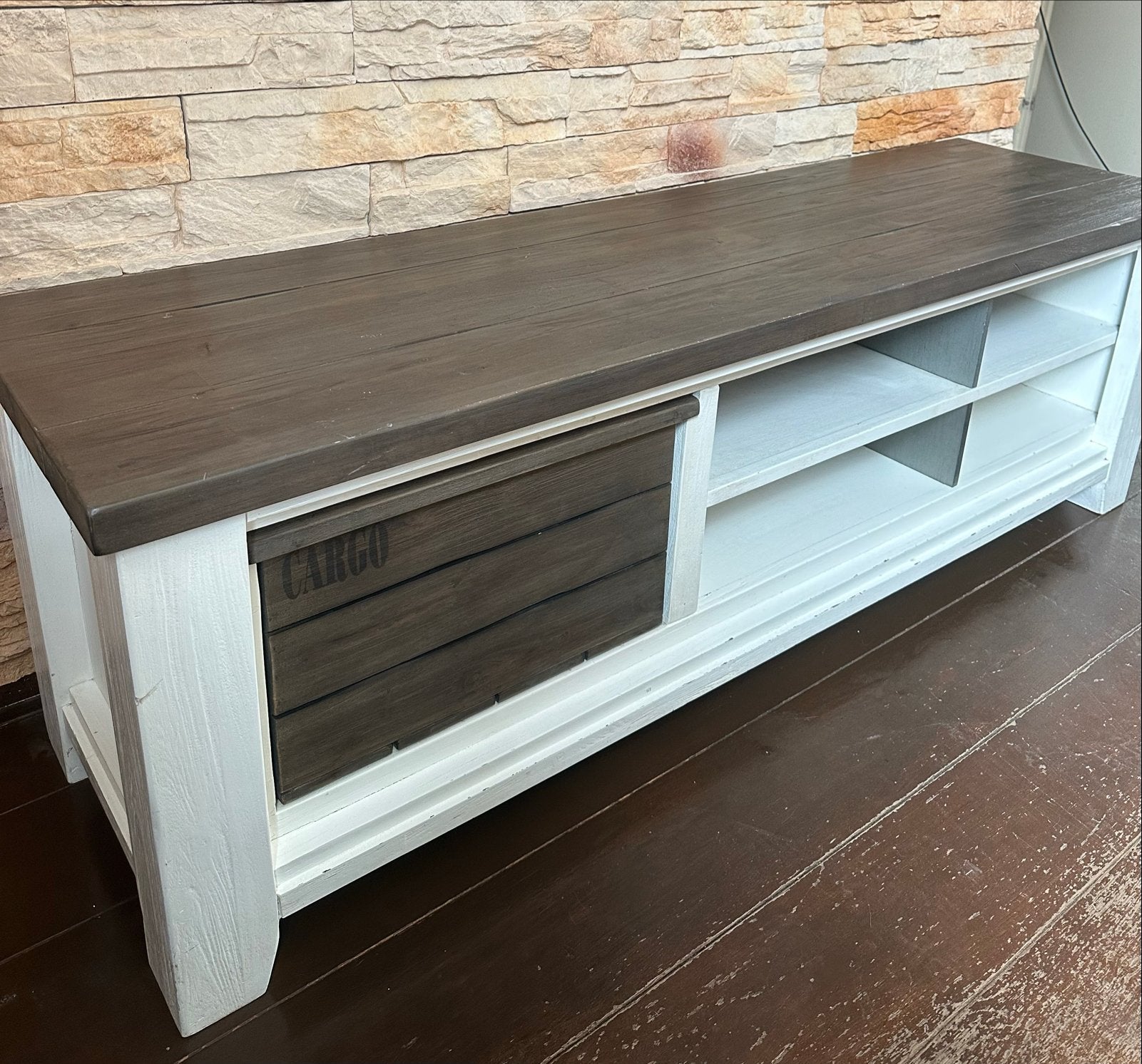 Robuuste houten salontafel/tv-meubel met opbergruimte, Gebruikt, 50 tot 100 cm, 100 tot 150 cm, Ophalen of Verzenden