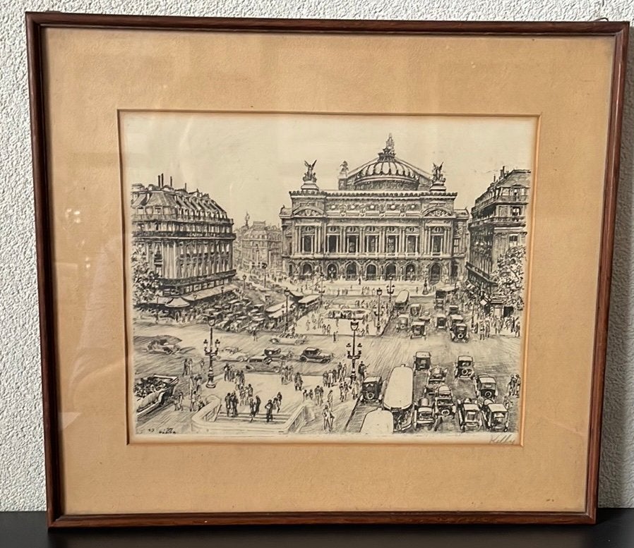 Orginele ets Opera Garnier Parijs french art , vintage print, Antiek en Kunst, Ophalen of Verzenden