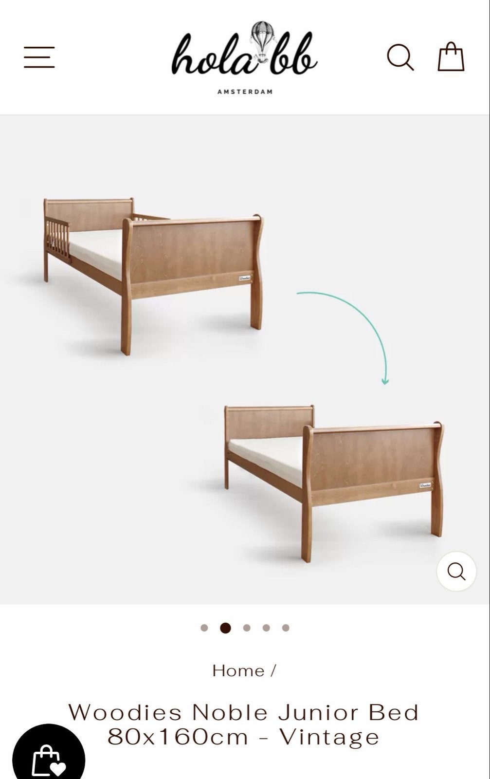 Woodies Noble Junior Bed 80x160cm - Vintage, Kinderen en Baby's, Ophalen, 70 tot 85 cm, Zo goed als nieuw, Lattenbodem