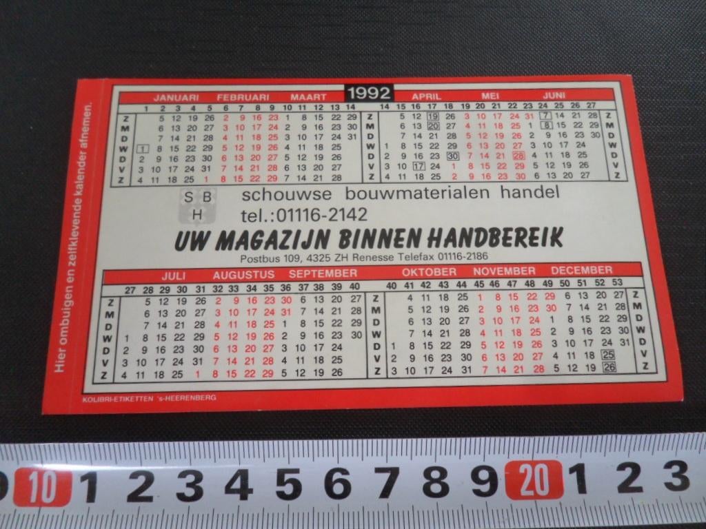 sticker Kalender 1992 Renesse SCHOUWSE Bouwmaterialen handel, Ophalen, Zo goed als nieuw