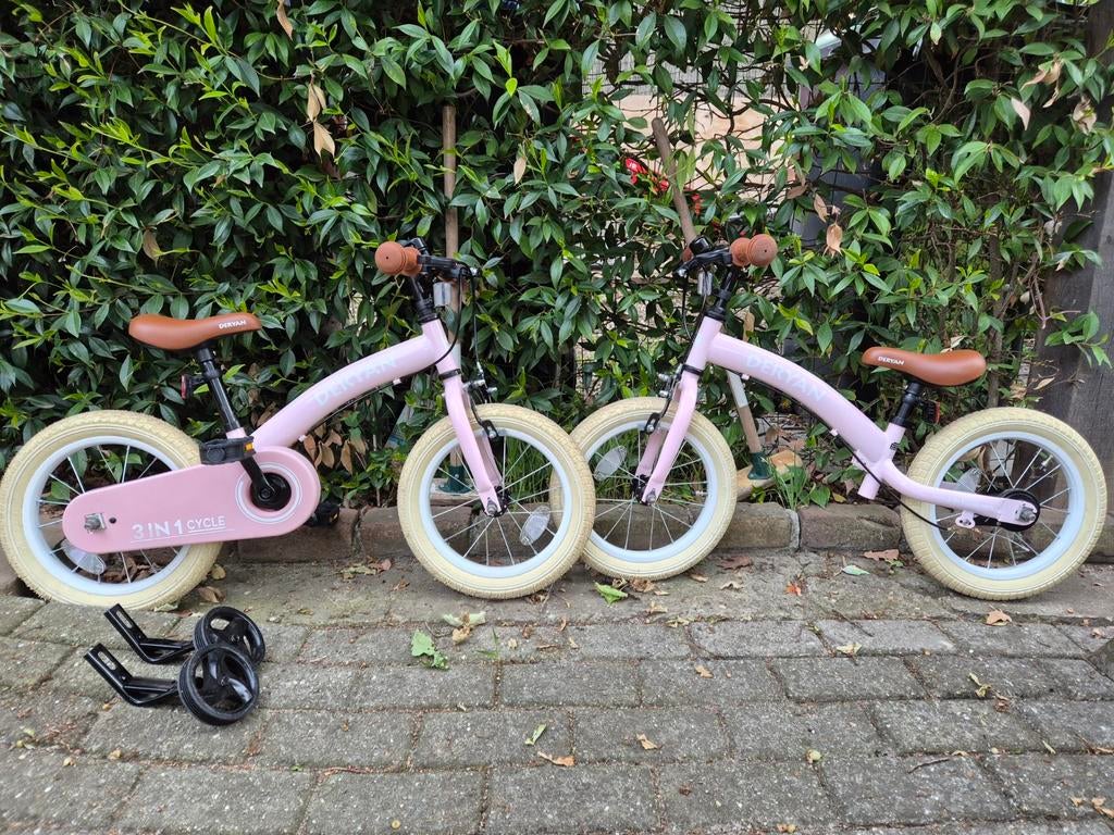 Twee 3-in-1 fietsen Deryan 14 inch - loopfiets - tweeling, Ophalen, Zijwieltjes, Deryan, Minder dan 16 inch