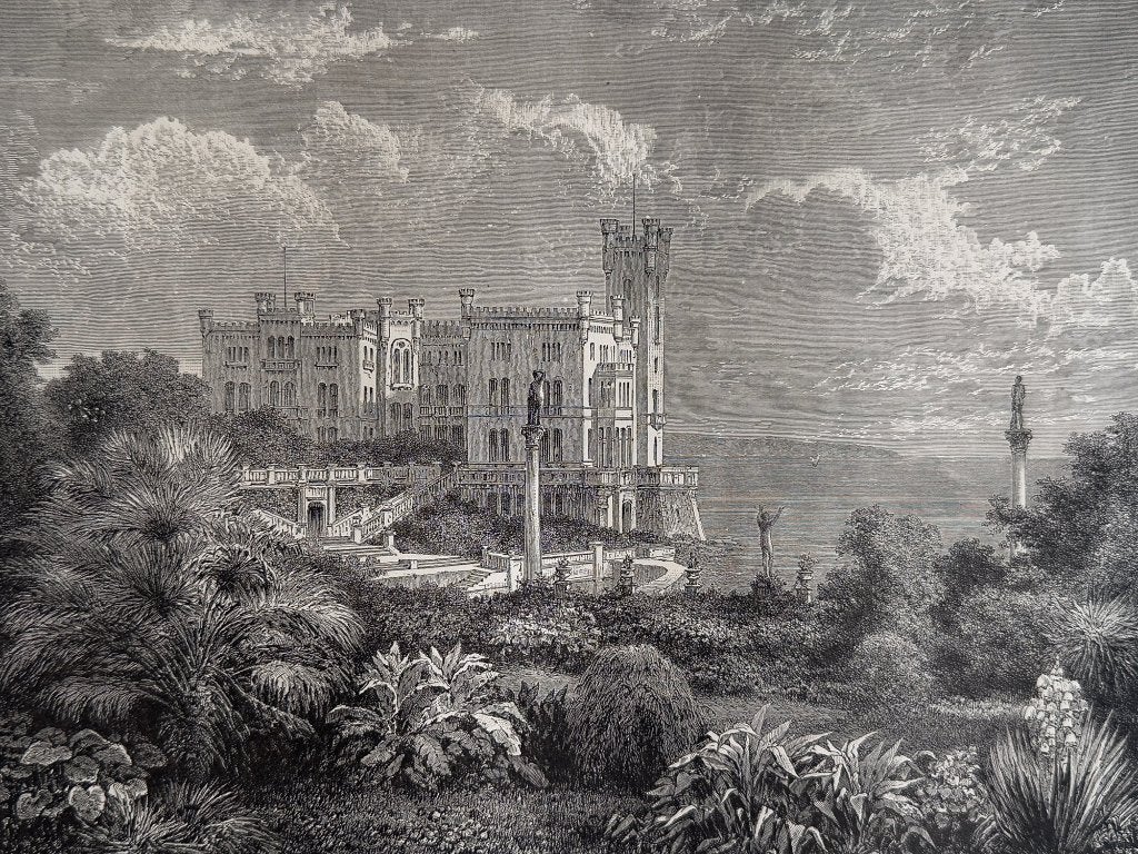 Antieke houtgravure 1877 - Kasteel Miramare bij Triëst, Antiek en Kunst, Kunst | Etsen en Gravures, Verzenden, 30 cm, 1800 - 1899
