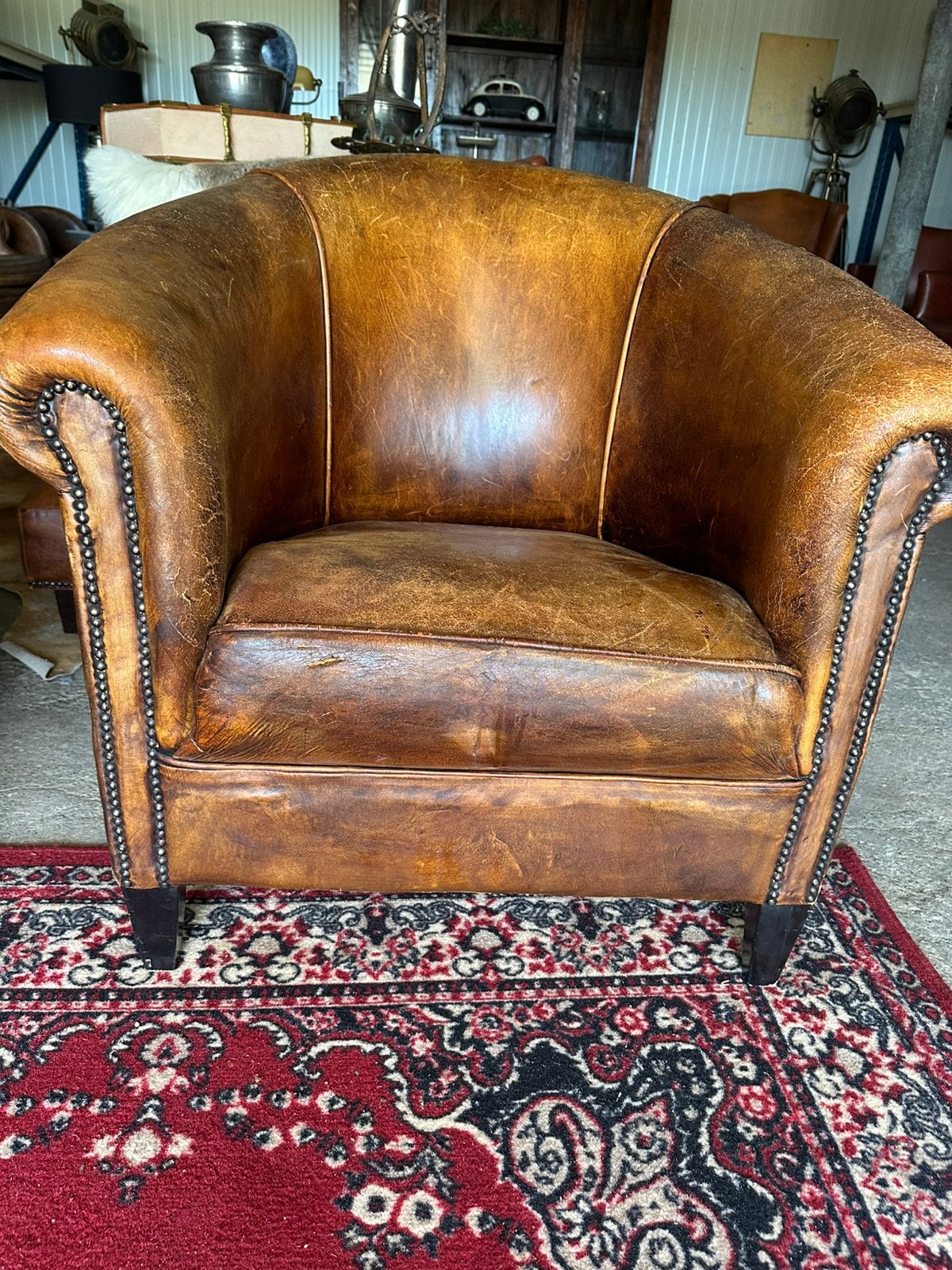 Vintage schapenleren clubfauteuil., Ophalen, Gebruikt, ., Chesterfield