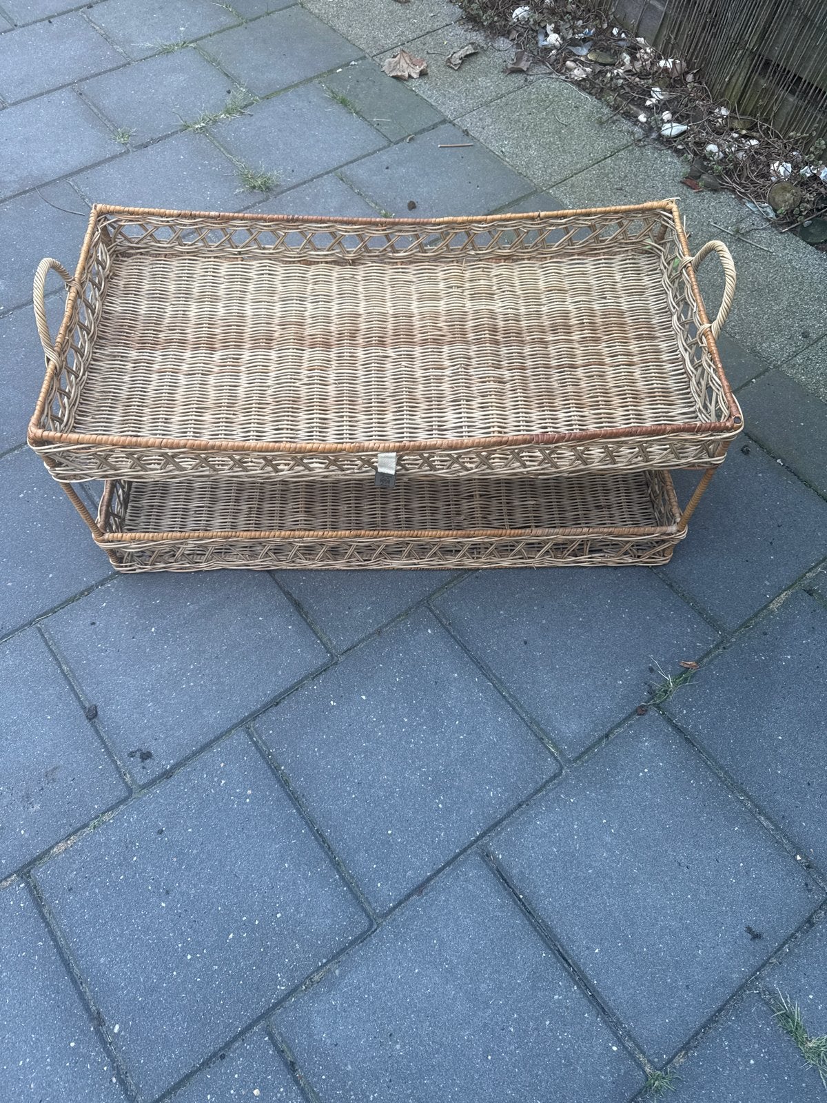 Vintage rieten etagère / dienblad met 2 lagen, Ophalen
