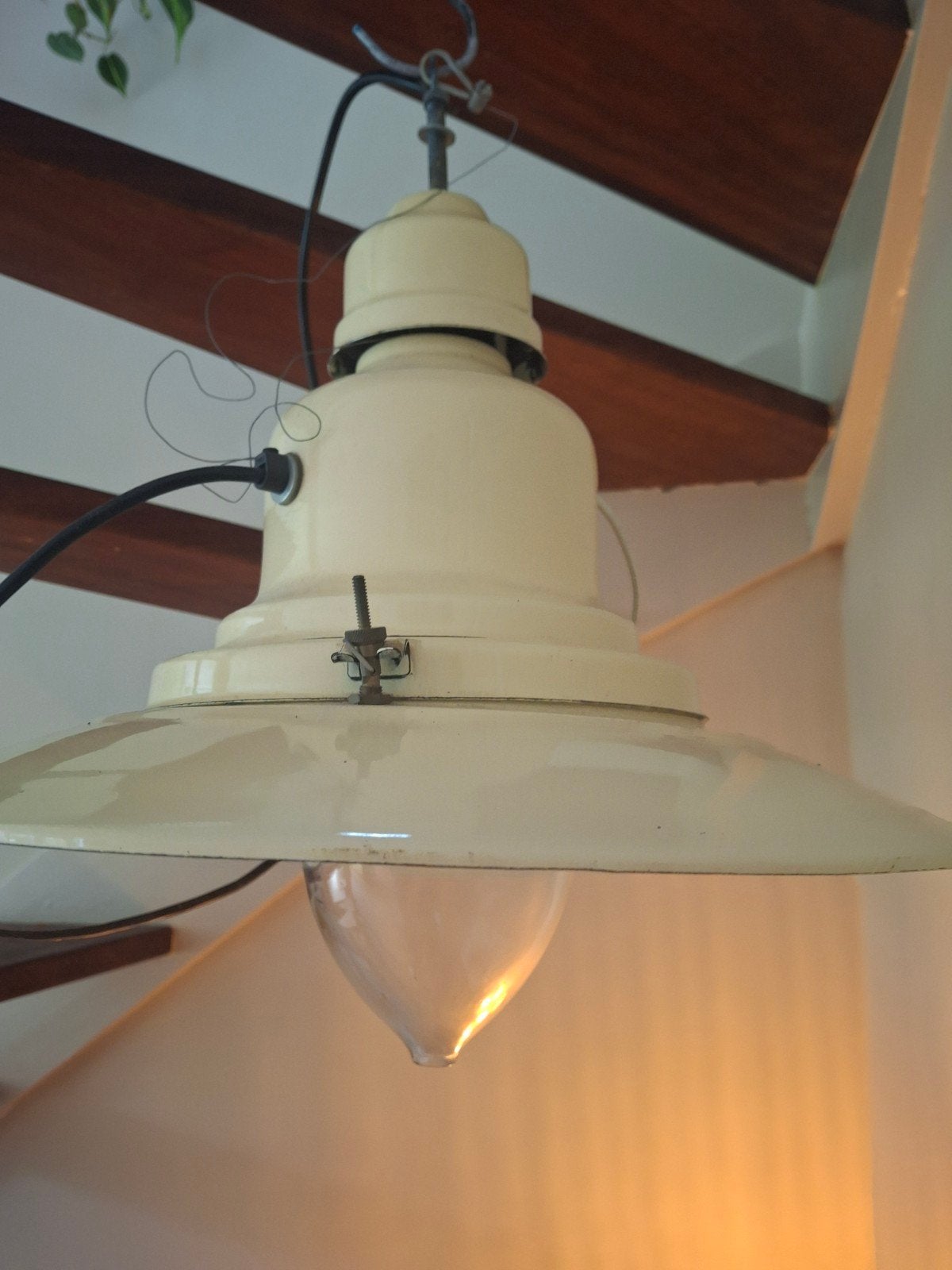 Vintage Industriële Hanglamp - Crème Emaille, Ophalen of Verzenden