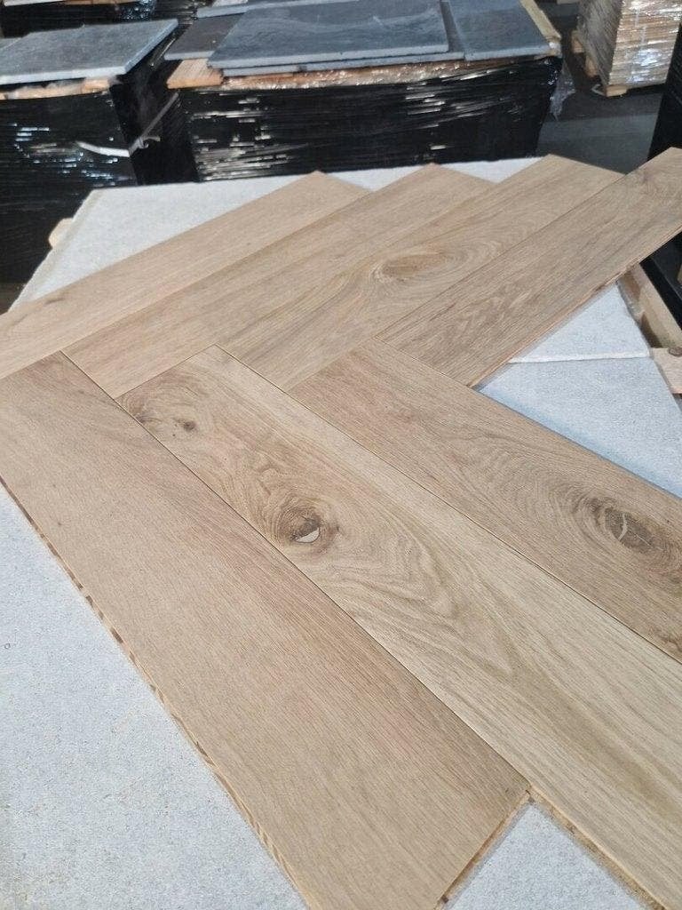 AFGEPRIJSD; EIKEN VISGRAAT VLOER 150MM BREED 750MM LANG!, Ophalen, Nieuw, 75 m² of meer, Parket