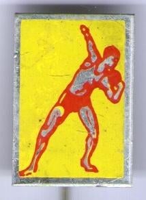 Kogelstoten geel/rood op aluminium speldje ( Y_115 ), Verzenden, Zo goed als nieuw, Sport, Speldje of Pin