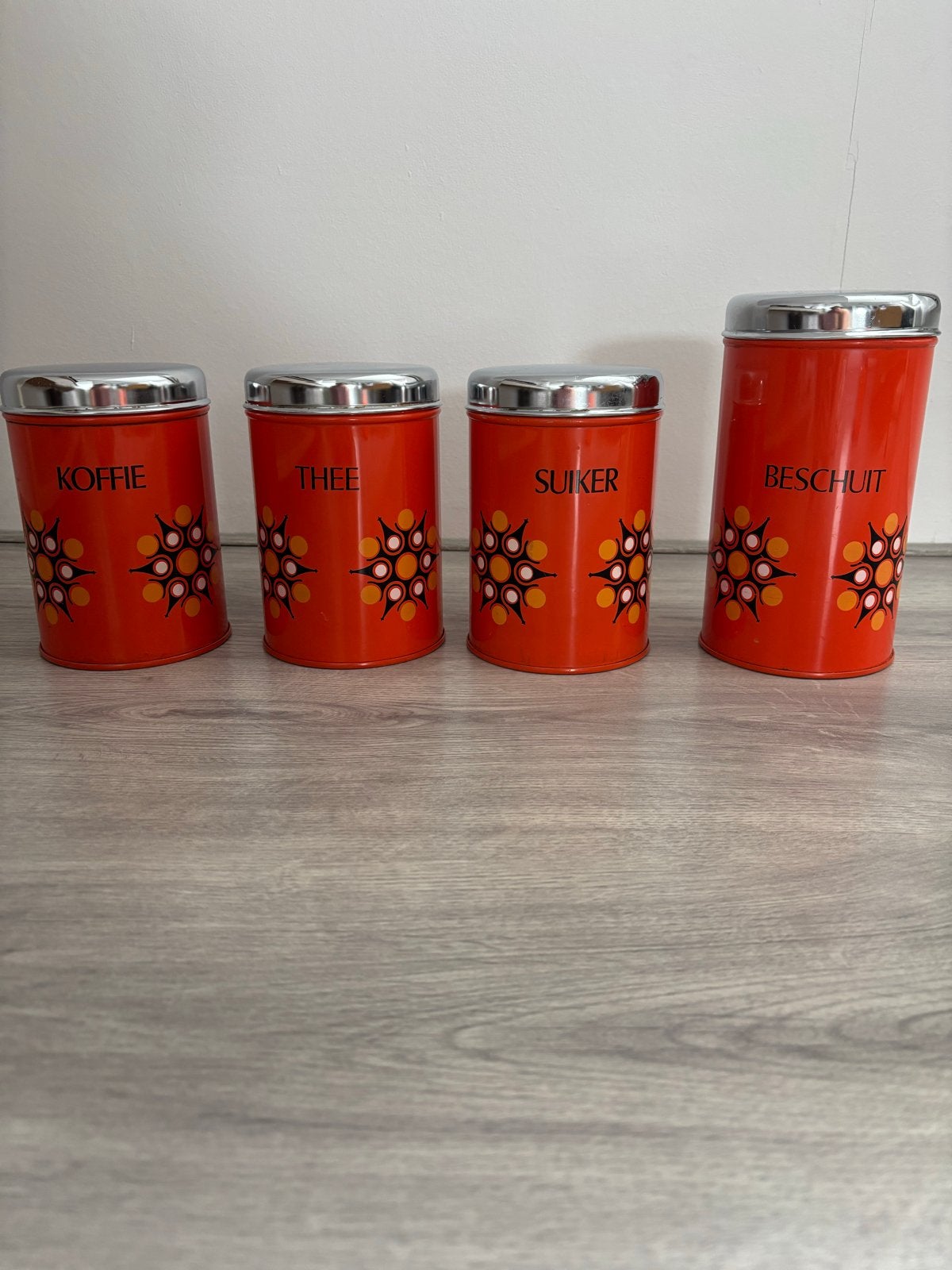 Vintage voorraadblikken set (koffie, thee, suiker, beschuit), Antiek en Kunst, Ophalen