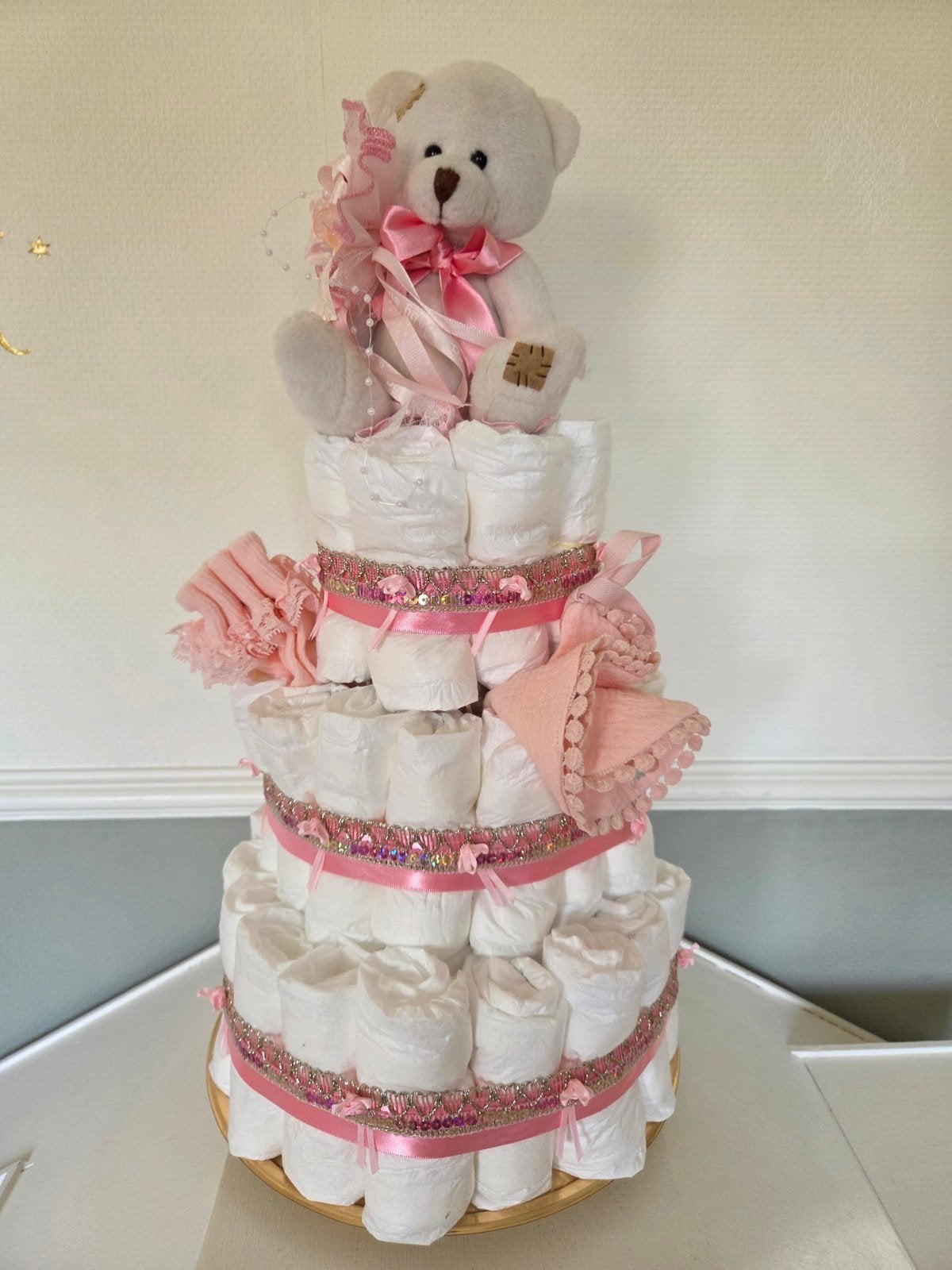 Luiertaart Roze met Knuffelbeer - Perfect Kraamcadeau, Ophalen of Verzenden, Nieuw, Kraamcadeau