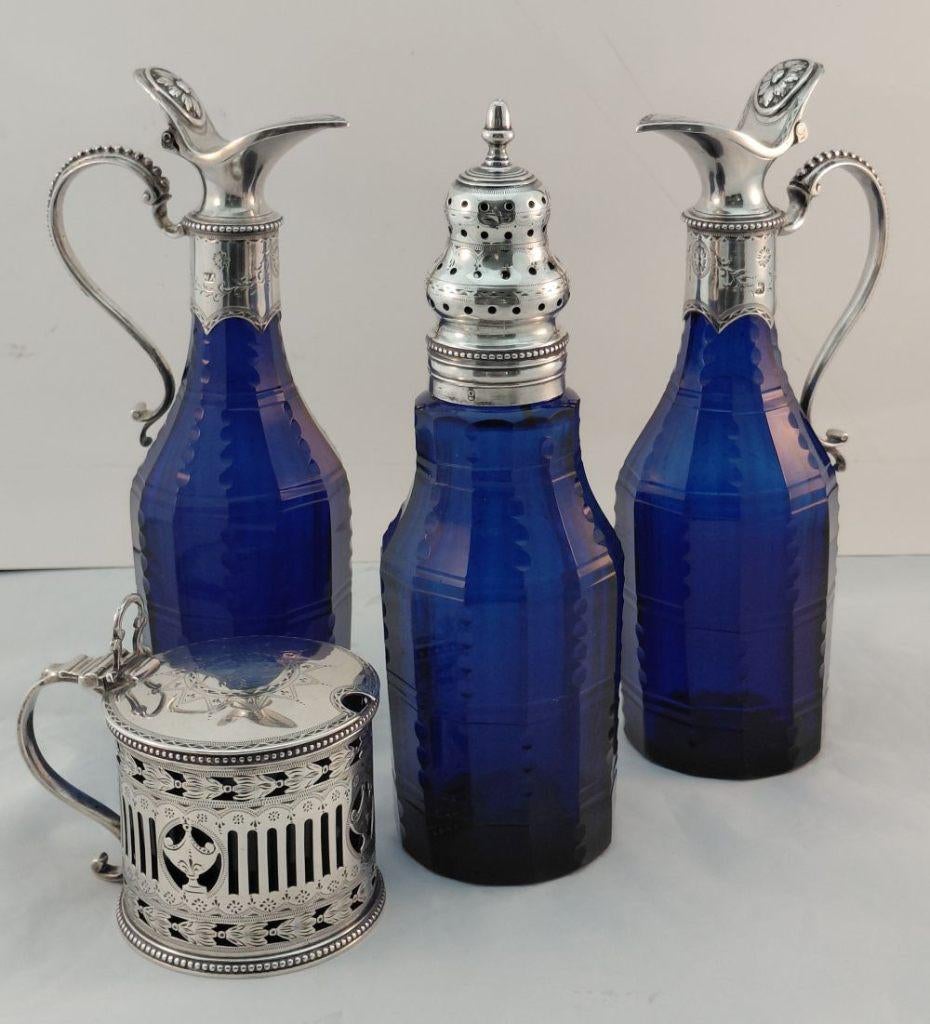 18e-Eeuws Ménagèrestel Blauw Glas met Zilveren Monturen, Ophalen of Verzenden