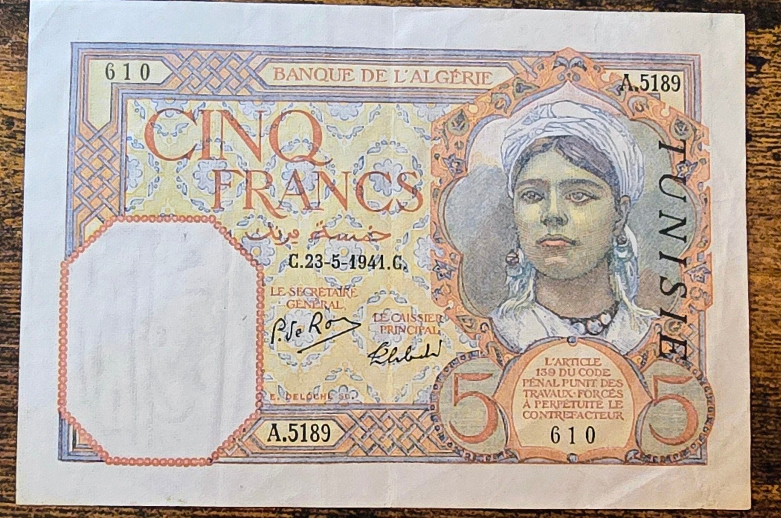 Zeldzaam 5 Francs Algerije Tunesië bankbiljet 1941, Ophalen of Verzenden