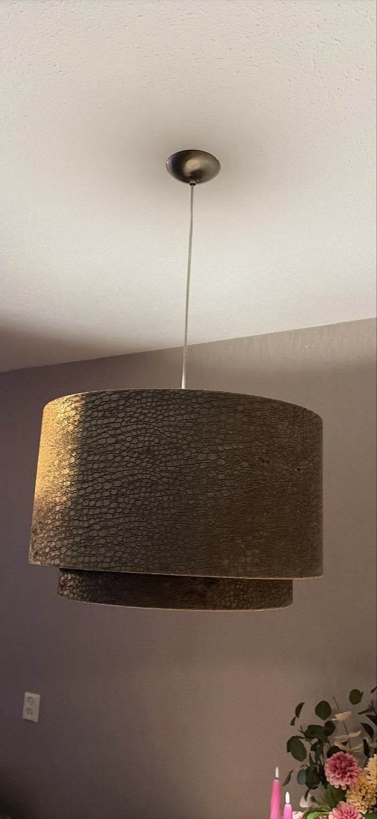 Hanglamp dubbele cilinder crocostof taupe, Ophalen, Zo goed als nieuw, Textiel