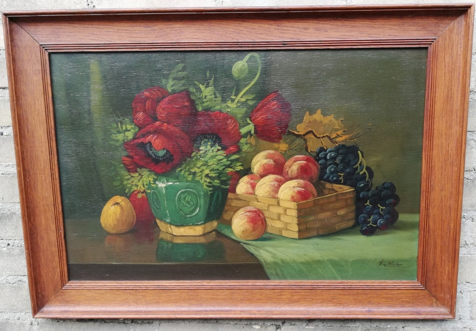 Stilleven met fruit. W. G. v. Wel. Olie/paneel. 71/50 cm., Ophalen, Paneel, Origineel werk, Stilleven