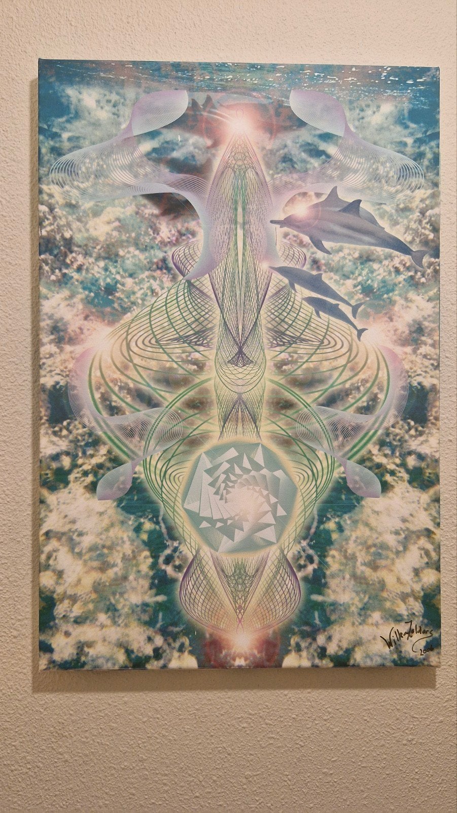 Psychedelisch dolfijnen schilderij - Wilke Zelders 2006, Ophalen, Dieren, Print, Op houten frame