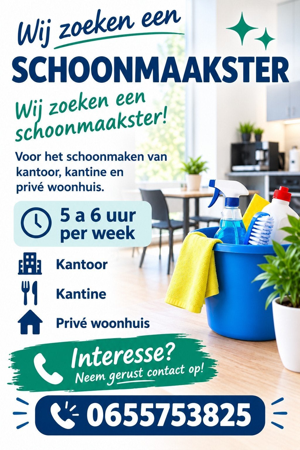 schoonmaakster gezocht, Vacatures, Tot en met 24 uur, Overige niveaus, Overige vormen