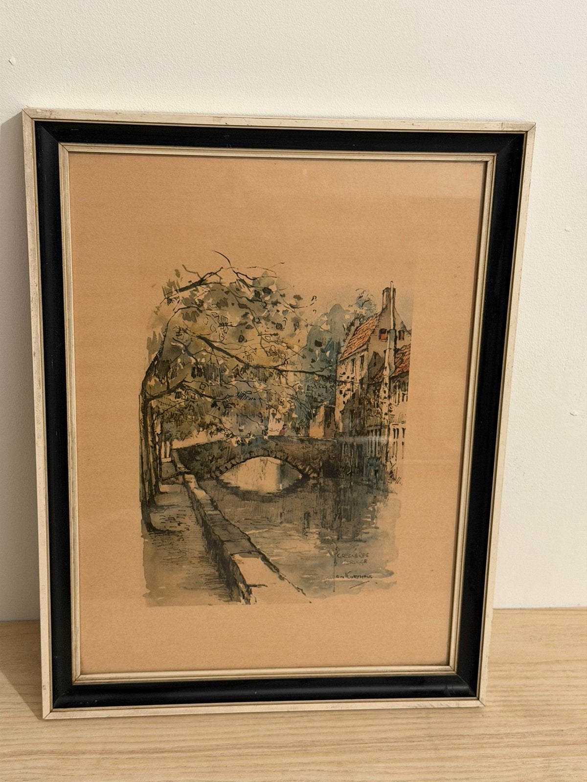 Vintage ingelijste kunstdruk Jan Korthals –Groene Rei Brugge, Ophalen of Verzenden