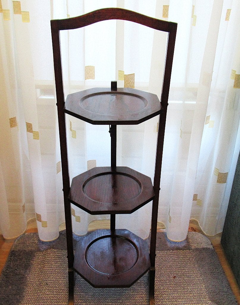 Vintage inklapbare mahoniehouten taartstandaard, etagère., Huis en Inrichting, Woonaccessoires | Etagères, Ophalen of Verzenden