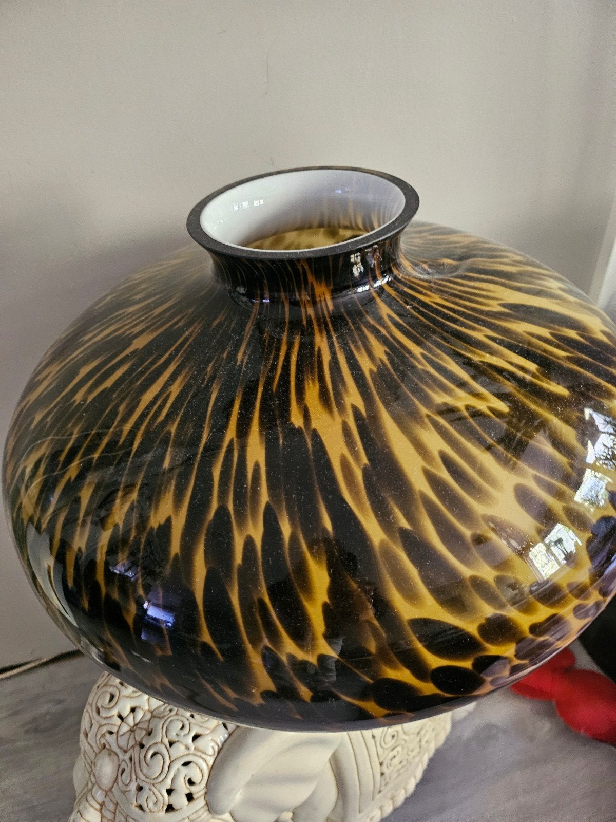 Unieke glazen vaas met luipaardprint, Antiek en Kunst, Ophalen of Verzenden