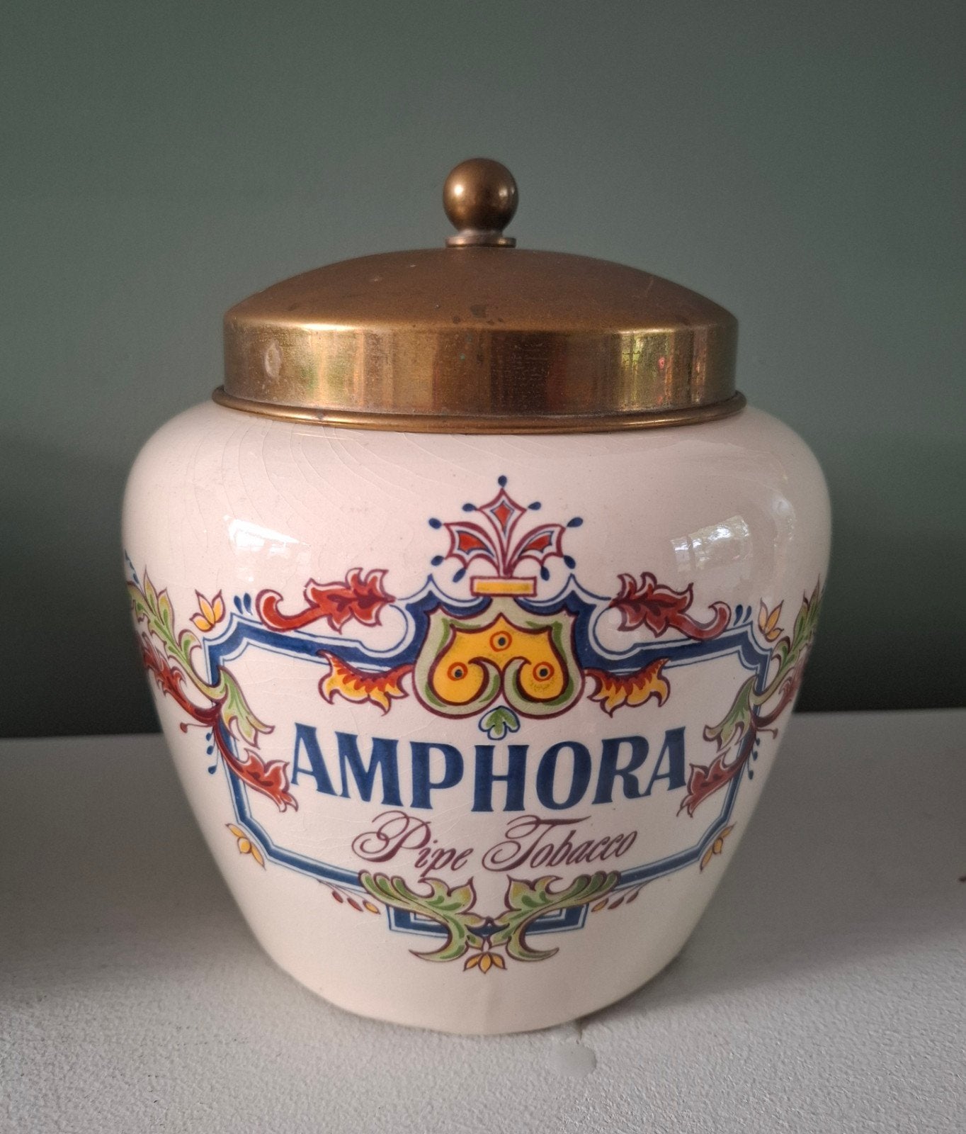Vintage Amphora Pipe Tobacco pot met messing deksel, Ophalen of Verzenden