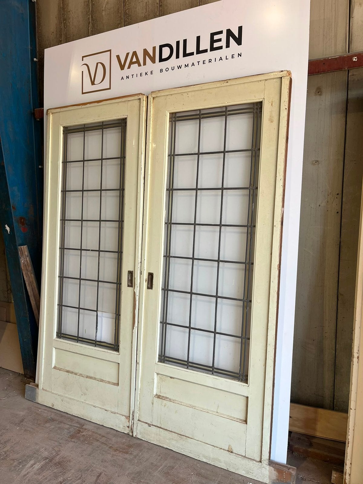 Antieke ensuite schuifdeuren met glas in lood kleur rand, 120 cm of meer, Binnendeur, Ophalen of Verzenden, Zo goed als nieuw