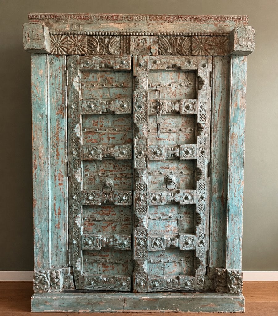 Unieke Indiase Tempeldeurkast, Ophalen, 100 tot 150 cm, 200 cm of meer, Indiase kast, Tempeldeurkast, Vintage, Bohemian, Oosterse kast