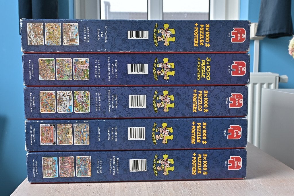 Jan van Haasteren 5 dozen elk met 3 x 1000 puzzels, Ophalen, 500 t/m 1500 stukjes, Zo goed als nieuw, Legpuzzel