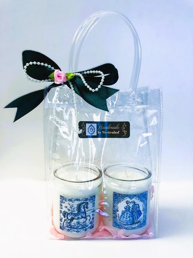 Giftset - kaarsen in glazen delfts blauw paard - man vrouw, Overige materialen, Verzenden, Wit, Nieuw