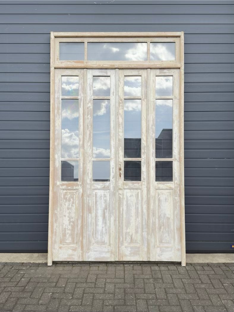 Antieke 4-slag oranjerie met bovenlicht en witte patina, Ophalen of Verzenden, Gebruikt, Hout